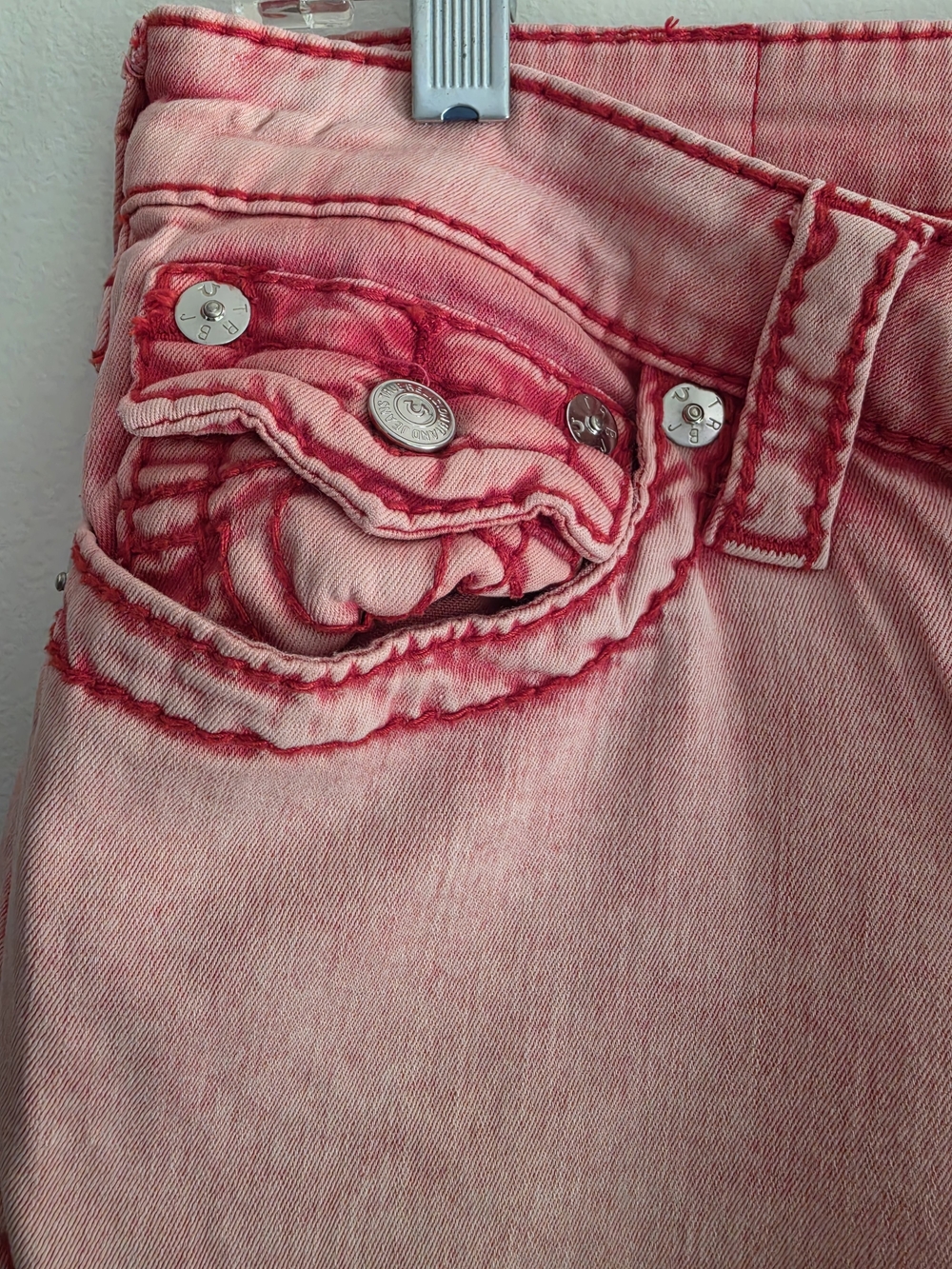 True Religion Big T Skinny Jeans Red Pink Acid Wash Contrast Stitch 31 Stretch - Picture 7 of 12